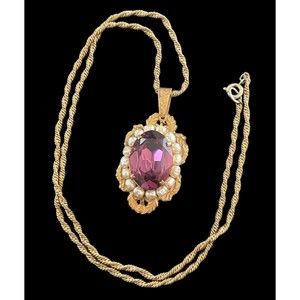 Rare Antique Signed Miriam Haskell Necklace Estate Amethyst Pearl Pendant Chain
